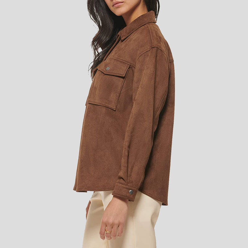 Women's Brown Carafe Soft Suede Leather Shirt Jacket - AMSEL LEATHERS