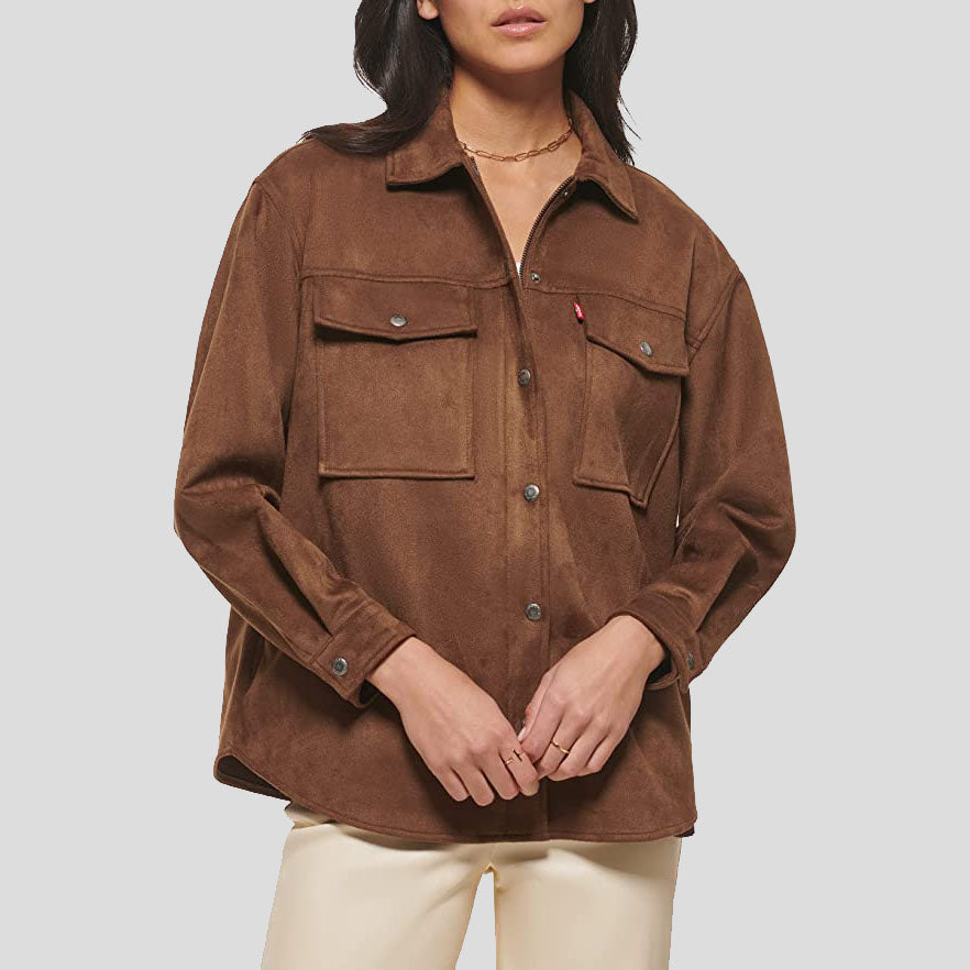 Women's Brown Carafe Soft Suede Leather Shirt Jacket - AMSEL LEATHERS