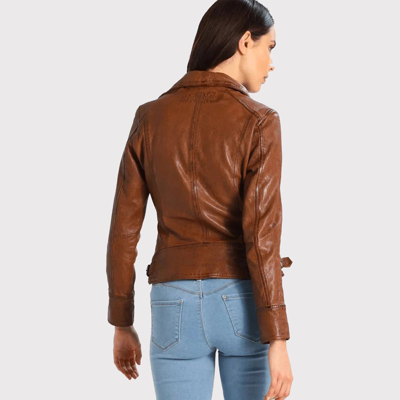 Women's Brown Leather Biker Jacket - AMSEL LEATHERS