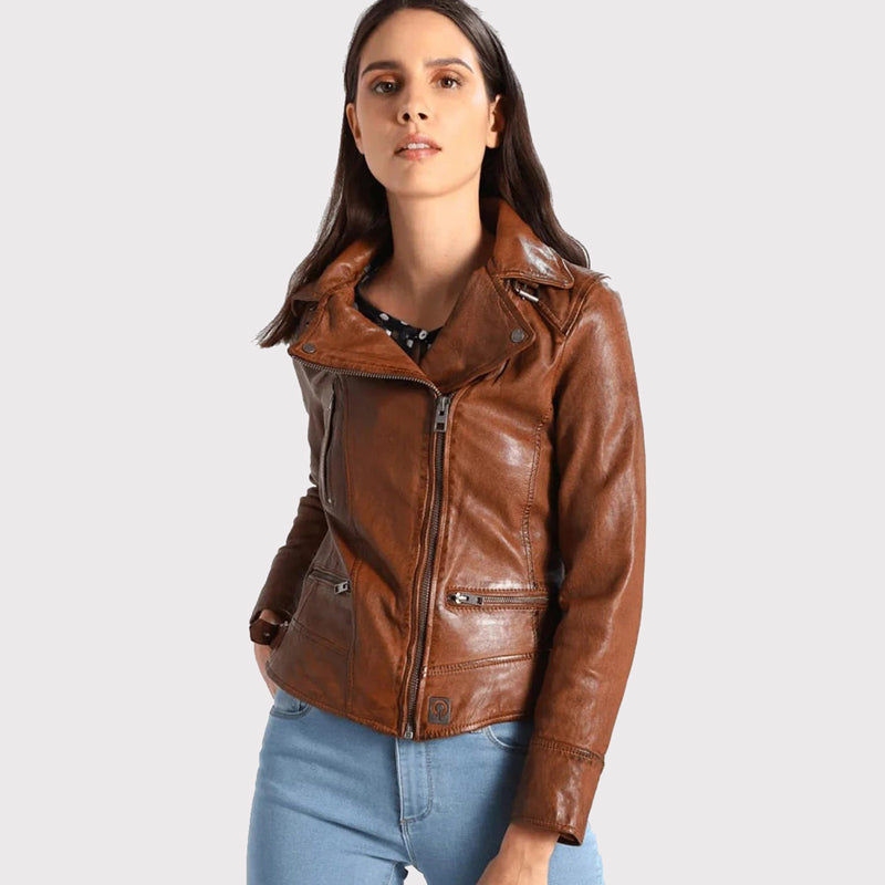 Women's Brown Leather Biker Jacket - AMSEL LEATHERS