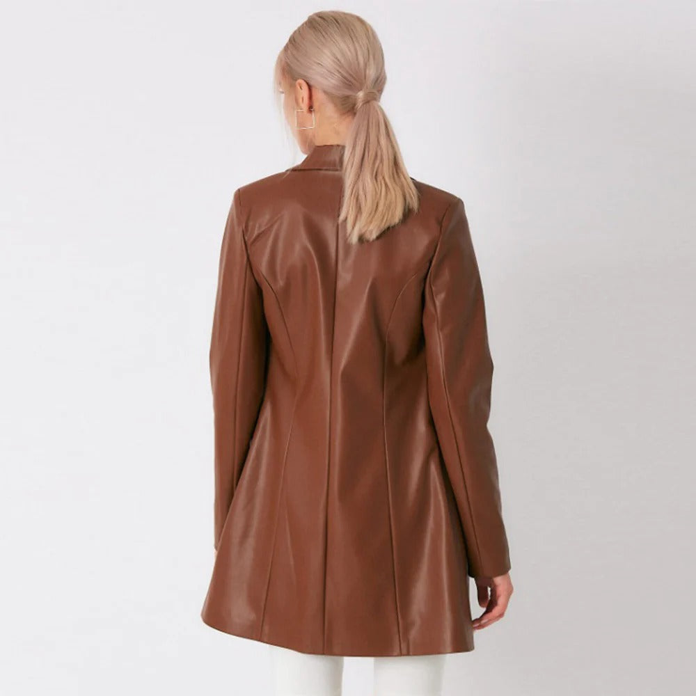 Brown Lambskin Leather Long Coat for Women - AMSEL LEATHERS