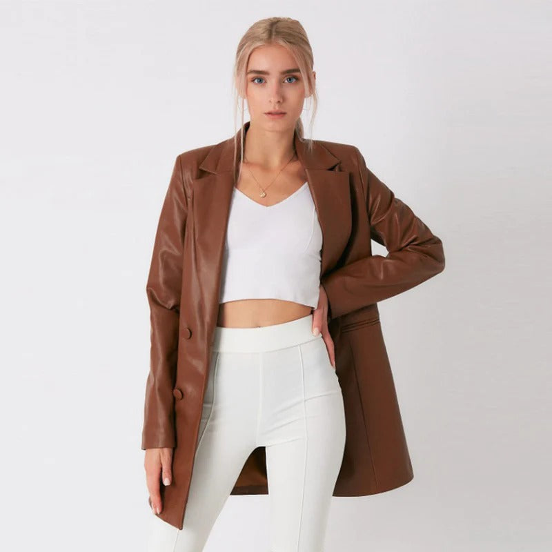 Brown Lambskin Leather Long Coat for Women - AMSEL LEATHERS