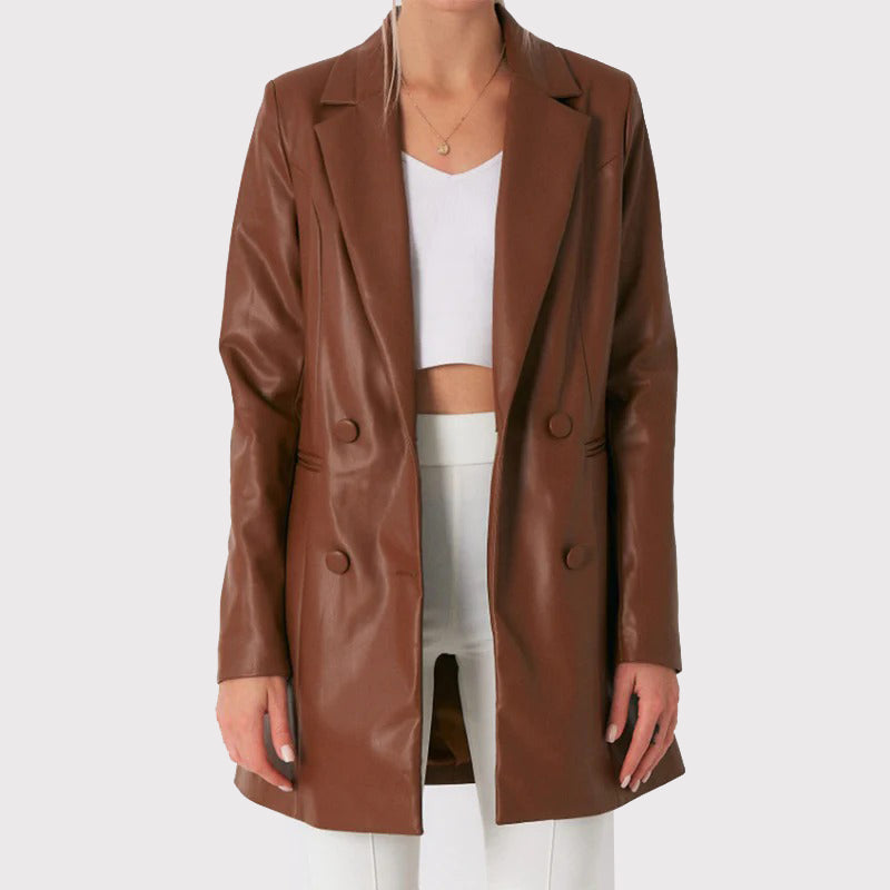 Brown Lambskin Leather Long Coat for Women - AMSEL LEATHERS