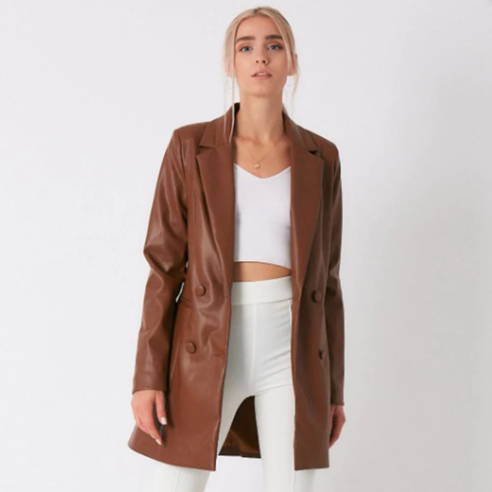 Brown Lambskin Leather Long Coat for Women - AMSEL LEATHERS