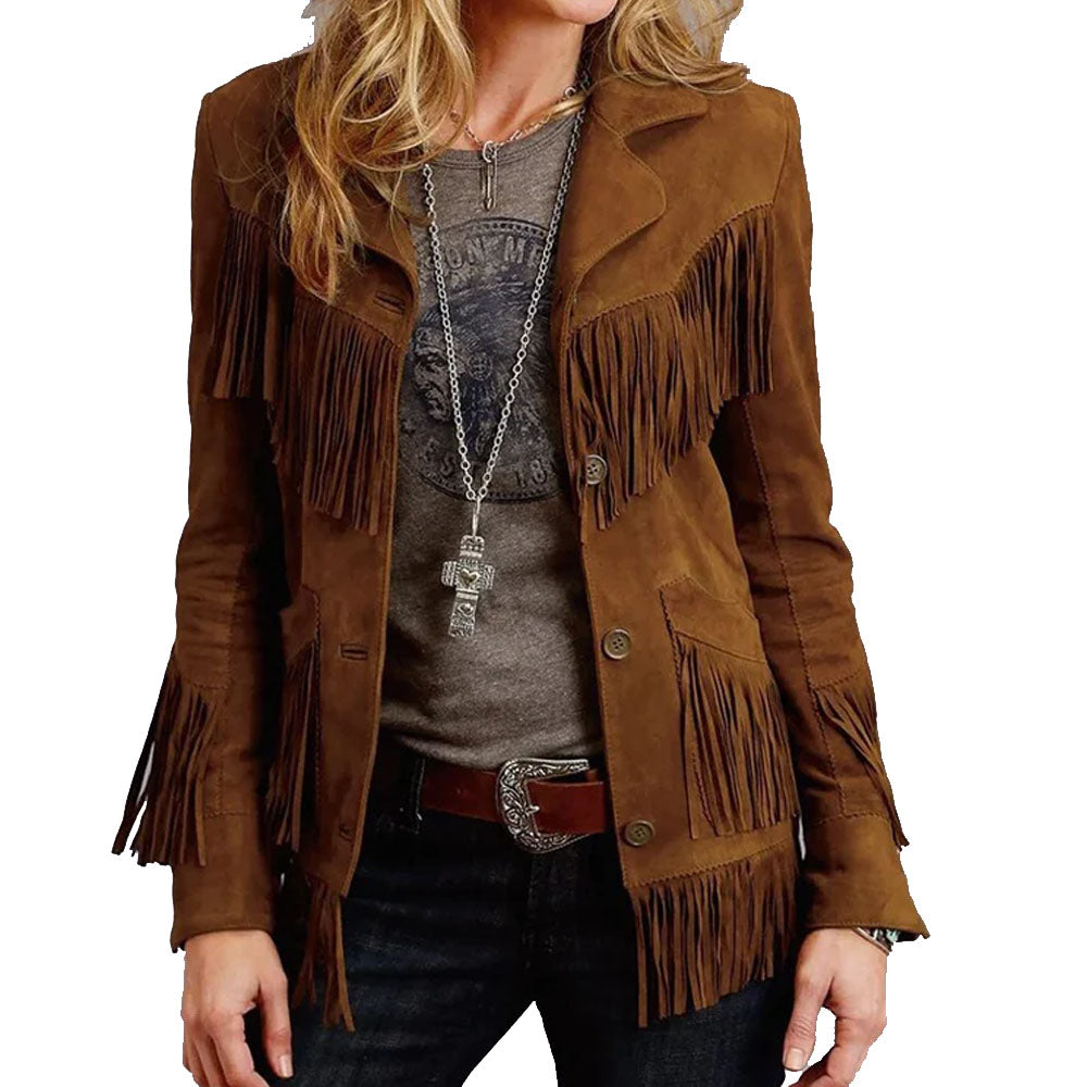 Women's Brown Suede Leather Fringe Jacket - AMSEL LEATHERS