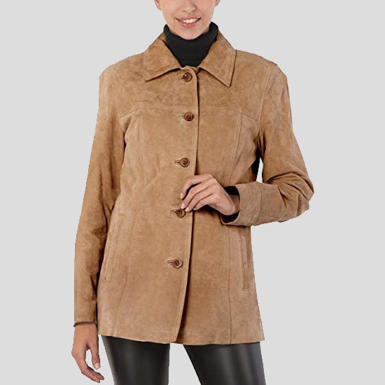 Women's Brown Suede Leather Car Coat - AMSEL LEATHERS