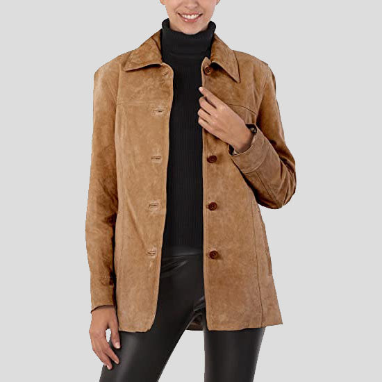 Women's Brown Suede Leather Car Coat - AMSEL LEATHERS