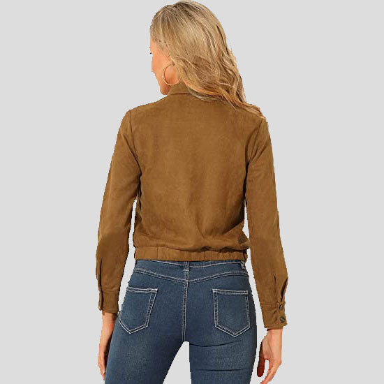 Women's Brown Suede Point Collar Button Down Cropped Moto Biker Jacket - AMSEL LEATHERS