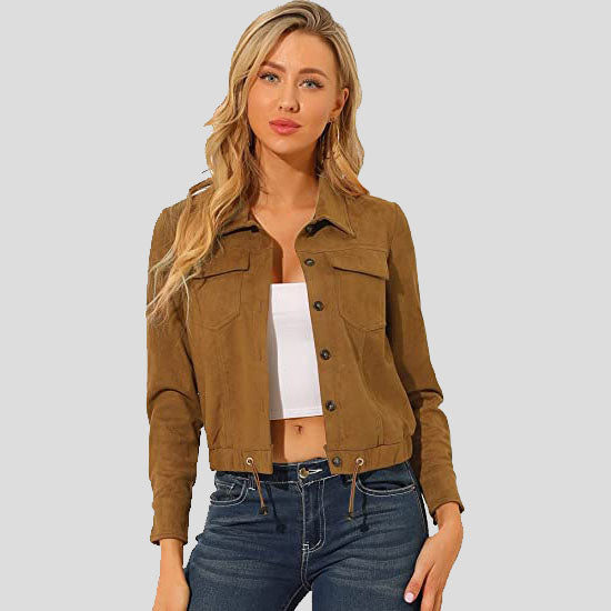 Women's Brown Suede Point Collar Button Down Cropped Moto Biker Jacket - AMSEL LEATHERS