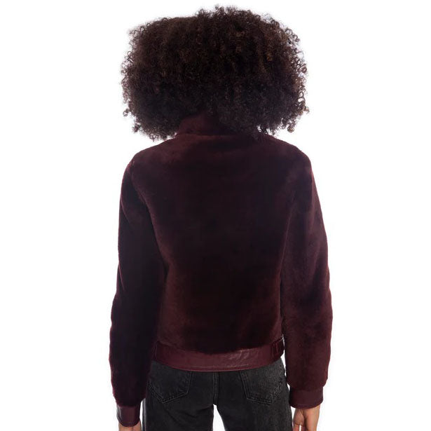 Women's Burgundy Short Shearling Jacket - AMSEL LEATHERS