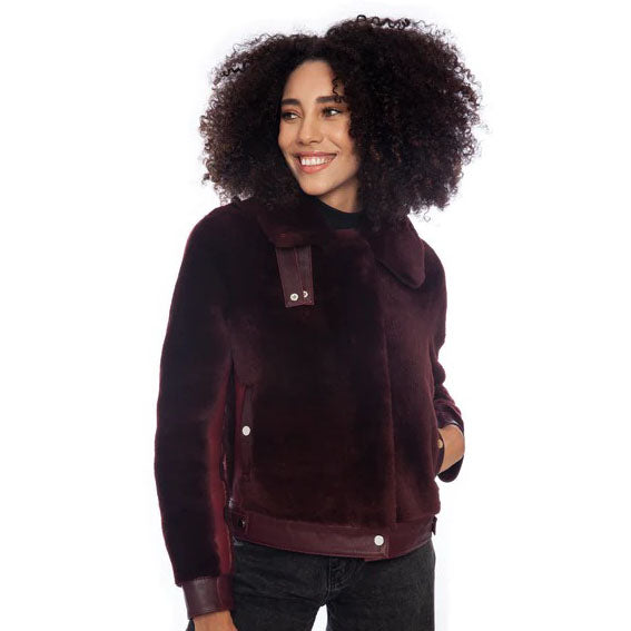 Women's Burgundy Short Shearling Jacket - AMSEL LEATHERS