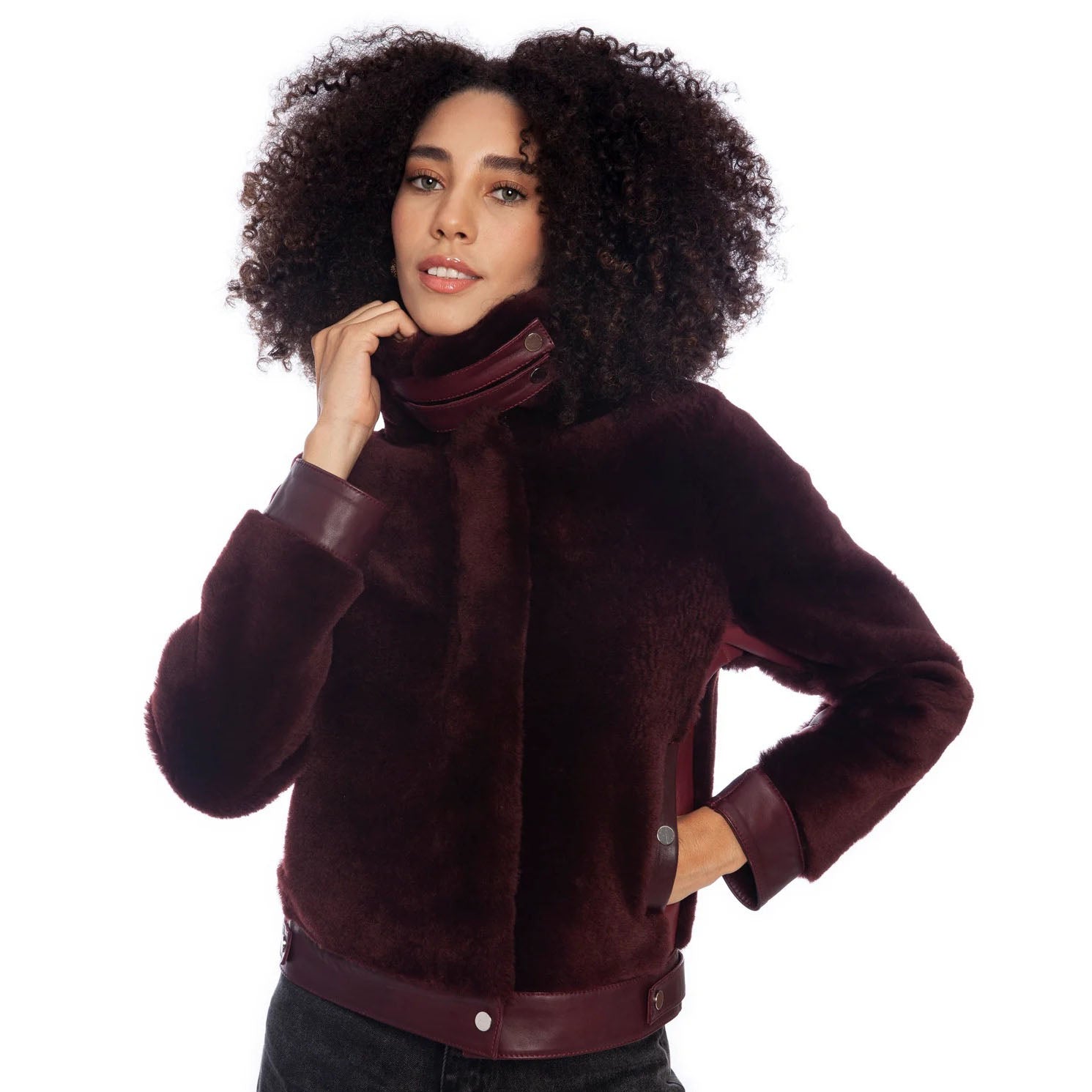 Women's Burgundy Short Shearling Jacket - AMSEL LEATHERS