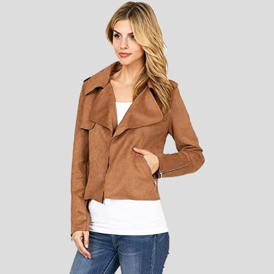 Women's Camel Casual Suede Leather Moto Jacket - AMSEL LEATHERS