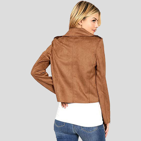 Women's Camel Casual Suede Leather Moto Jacket - AMSEL LEATHERS