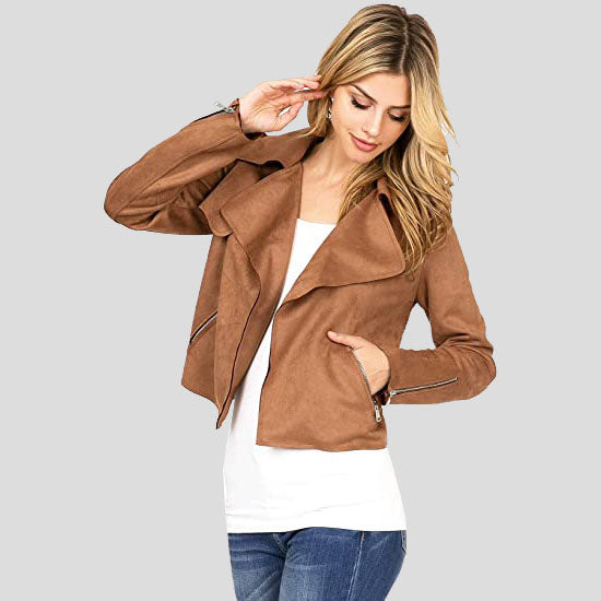 Women's Camel Casual Suede Leather Moto Jacket - AMSEL LEATHERS