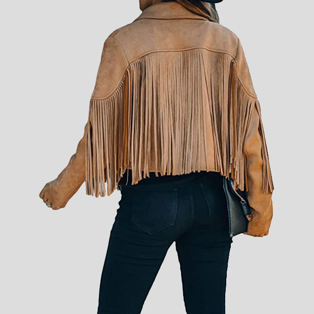 Women's Camel Chic Cropped Tassel Fringe Suede Moto Jacket - AMSEL LEATHERS