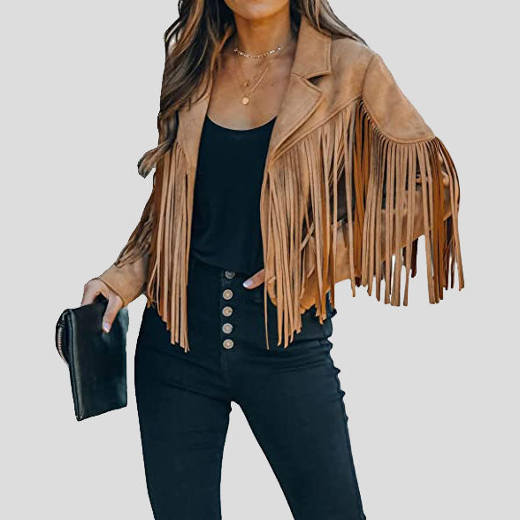 Women's Camel Chic Cropped Tassel Fringe Suede Moto Jacket - AMSEL LEATHERS