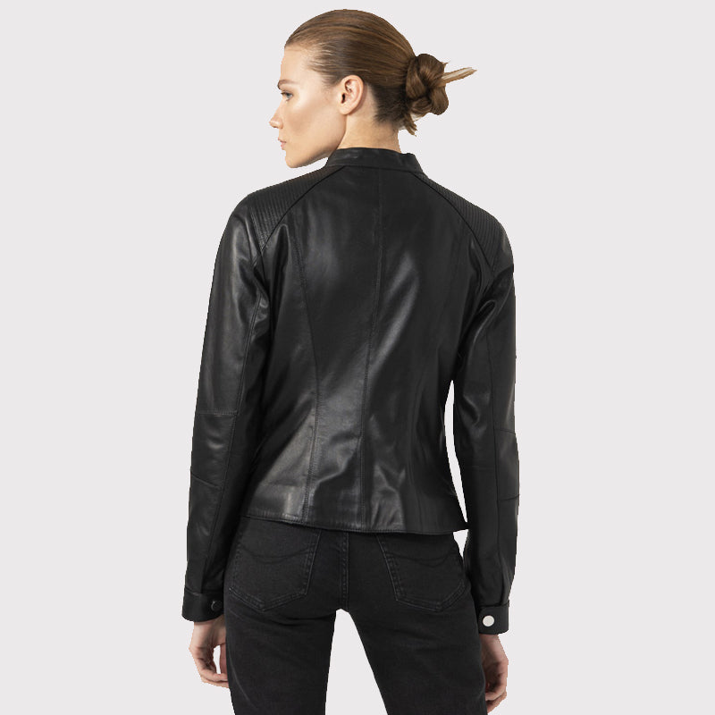 Women's Casual Black Leather Biker Jacket - AMSEL LEATHERS