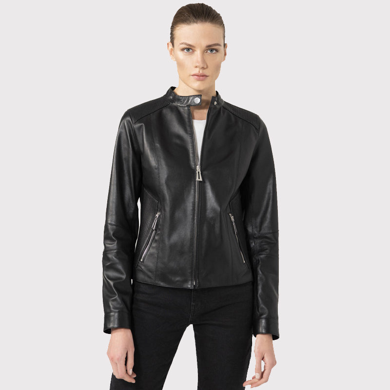 Women's Casual Black Leather Biker Jacket - AMSEL LEATHERS