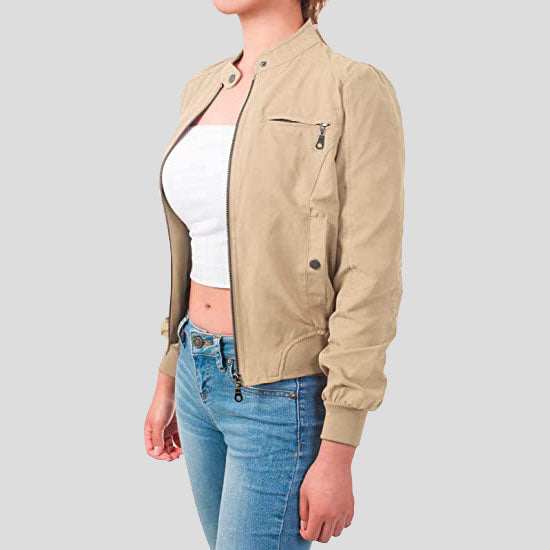 Women's Casual Suede Ribbed Hem Zip Up Bomber Short Jacket - AMSEL LEATHERS