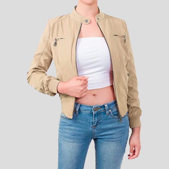 Women's Casual Suede Ribbed Hem Zip Up Bomber Short Jacket - AMSEL LEATHERS