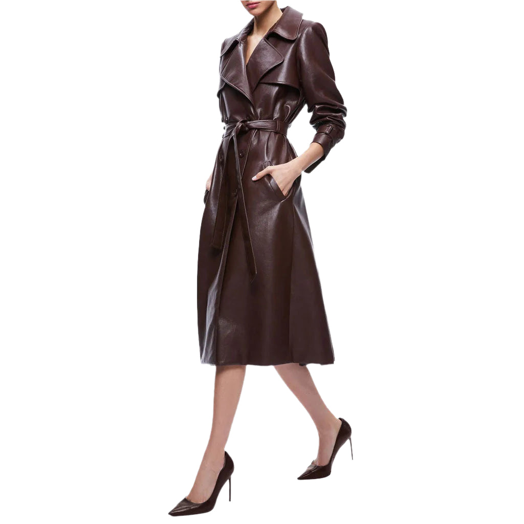 Fall 2023 Women's Chocolate Brown Leather Trench Coat - AMSEL LEATHERS