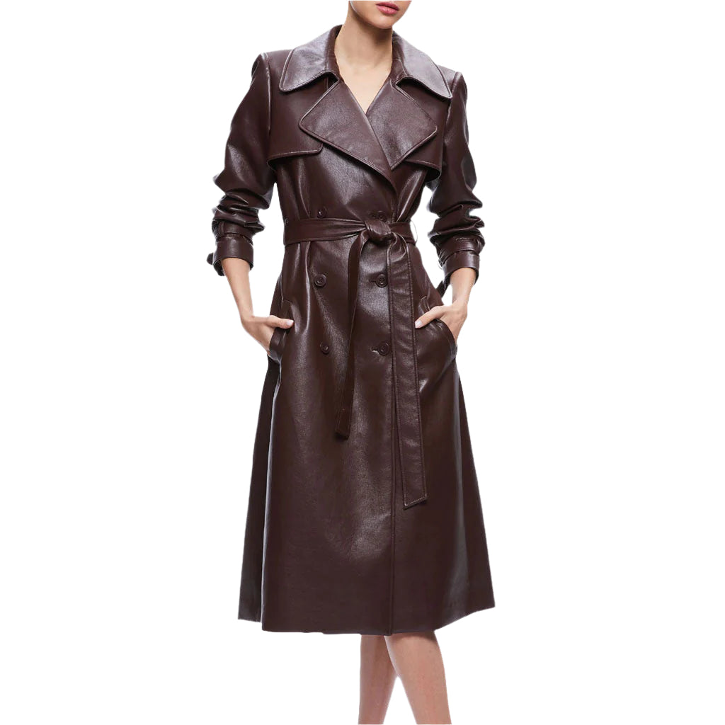 Fall 2023 Women's Chocolate Brown Leather Trench Coat - AMSEL LEATHERS