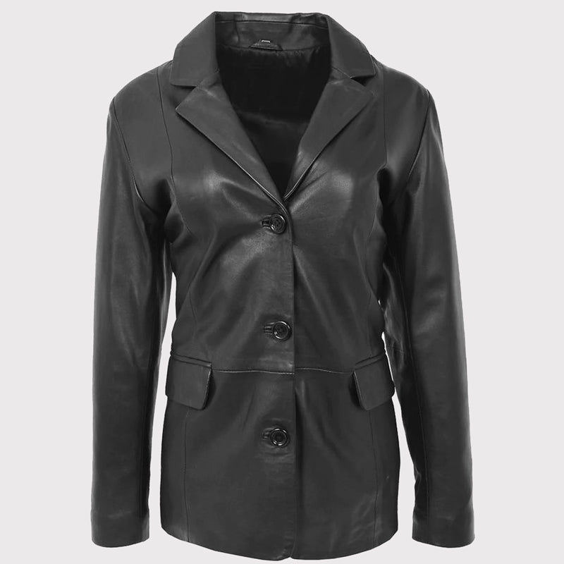 Classic Black Leather Blazer for Women - AMSEL LEATHERS