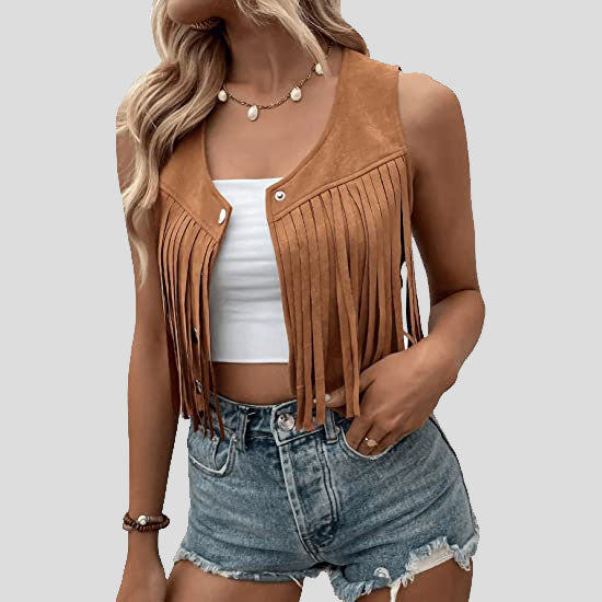 Women's Coffee Brown Suede Fringe Trim Sleeveless Crop Vest - AMSEL LEATHERS