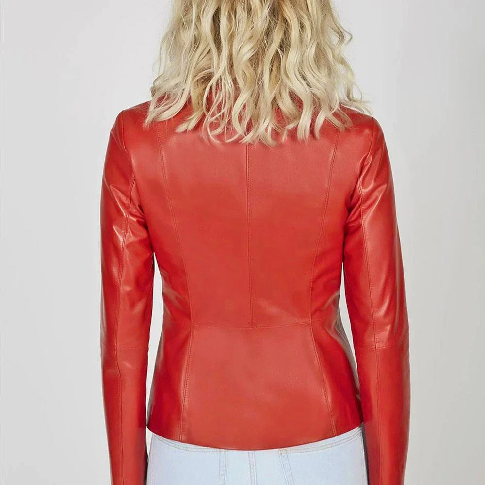 Women's Collarless Red Leather Blazer Jacket - AMSEL LEATHERS