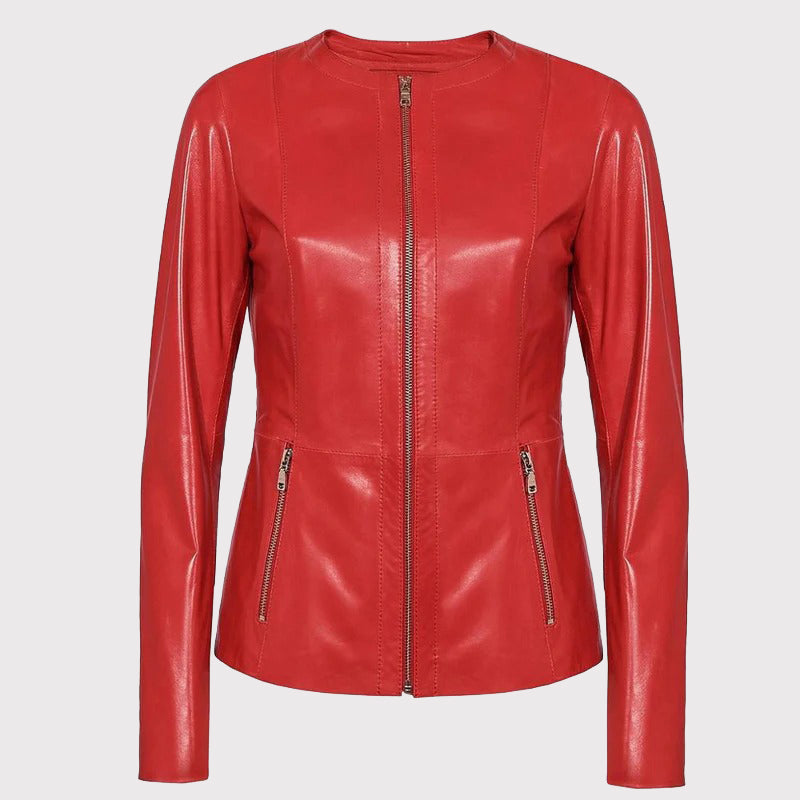 Women's Collarless Red Leather Blazer Jacket - AMSEL LEATHERS