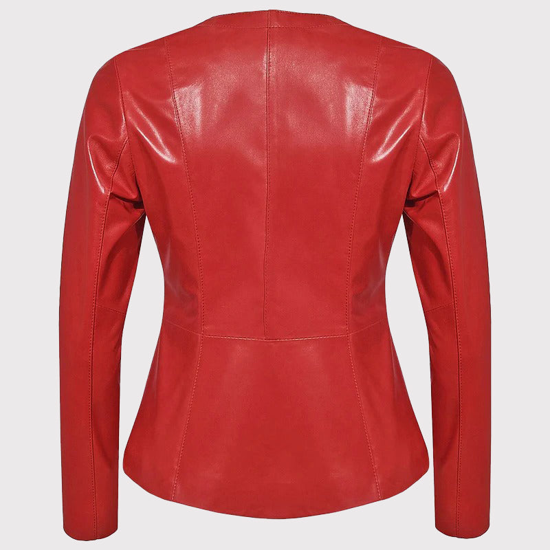 Women's Collarless Red Leather Blazer Jacket - AMSEL LEATHERS