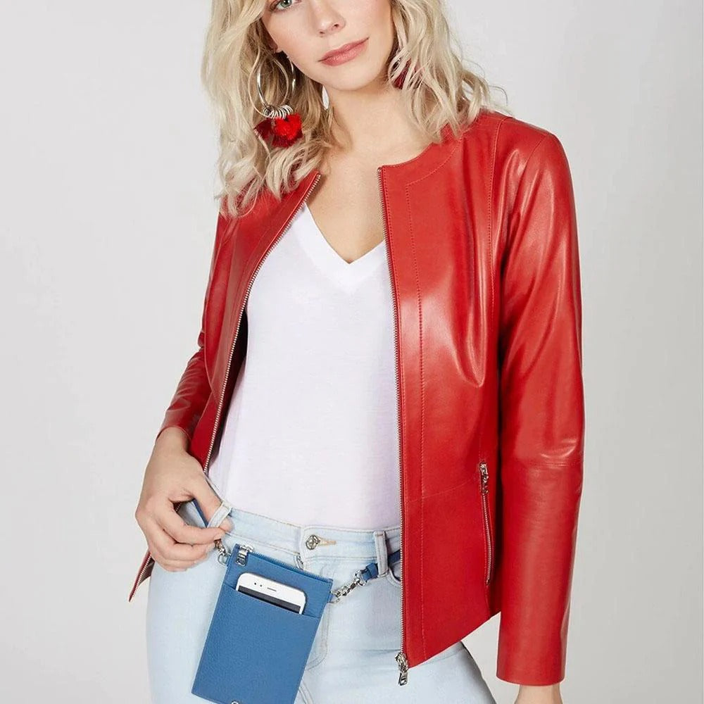 Women's Collarless Red Leather Blazer Jacket - AMSEL LEATHERS