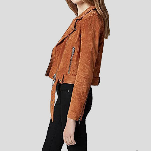 Women's Cropped Suede Leather Motorcycle Jacket - AMSEL LEATHERS