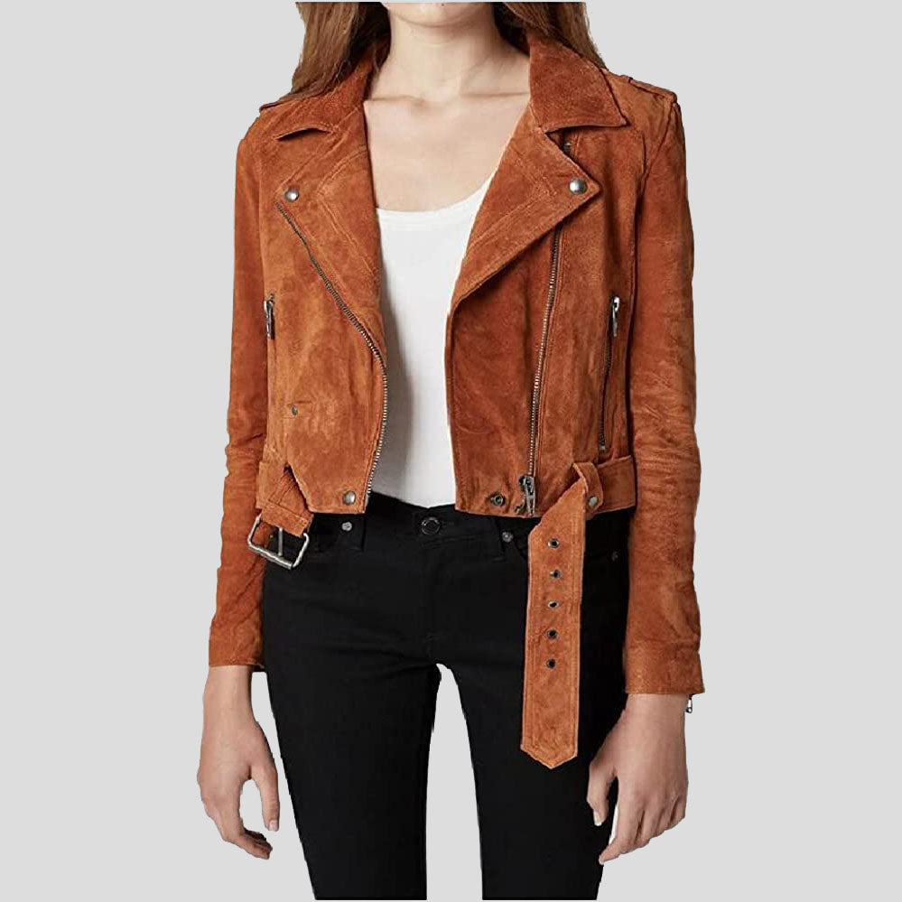 Women's Cropped Suede Leather Motorcycle Jacket - AMSEL LEATHERS