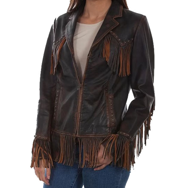 Women's Dark Brown Leather Fringe Jacket - AMSEL LEATHERS