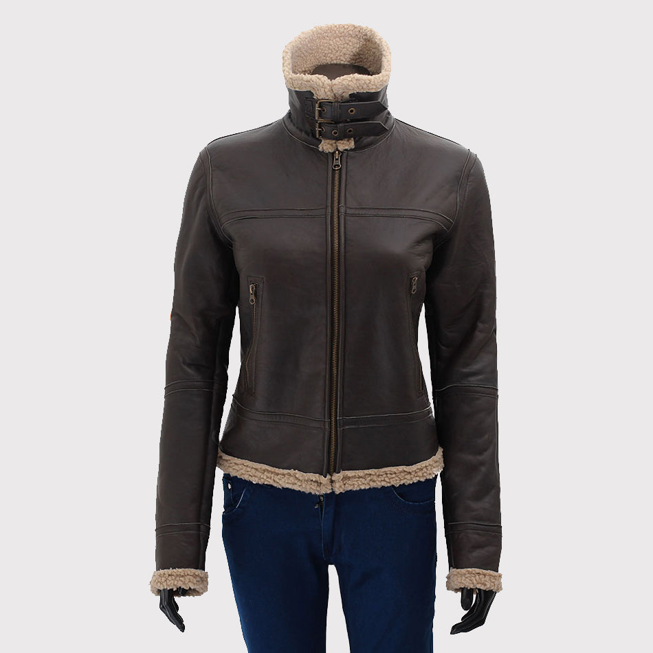 Women's Dark Brown Leather Bomber Jacket with Shearling Fur - AMSEL LEATHERS