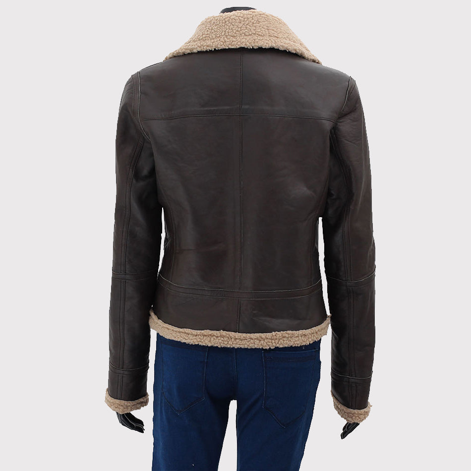 Women's Dark Brown Leather Bomber Jacket with Shearling Fur - AMSEL LEATHERS