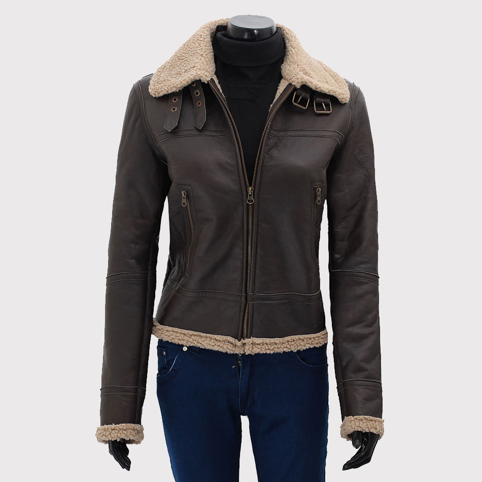 Women's Dark Brown Leather Bomber Jacket with Shearling Fur - AMSEL LEATHERS