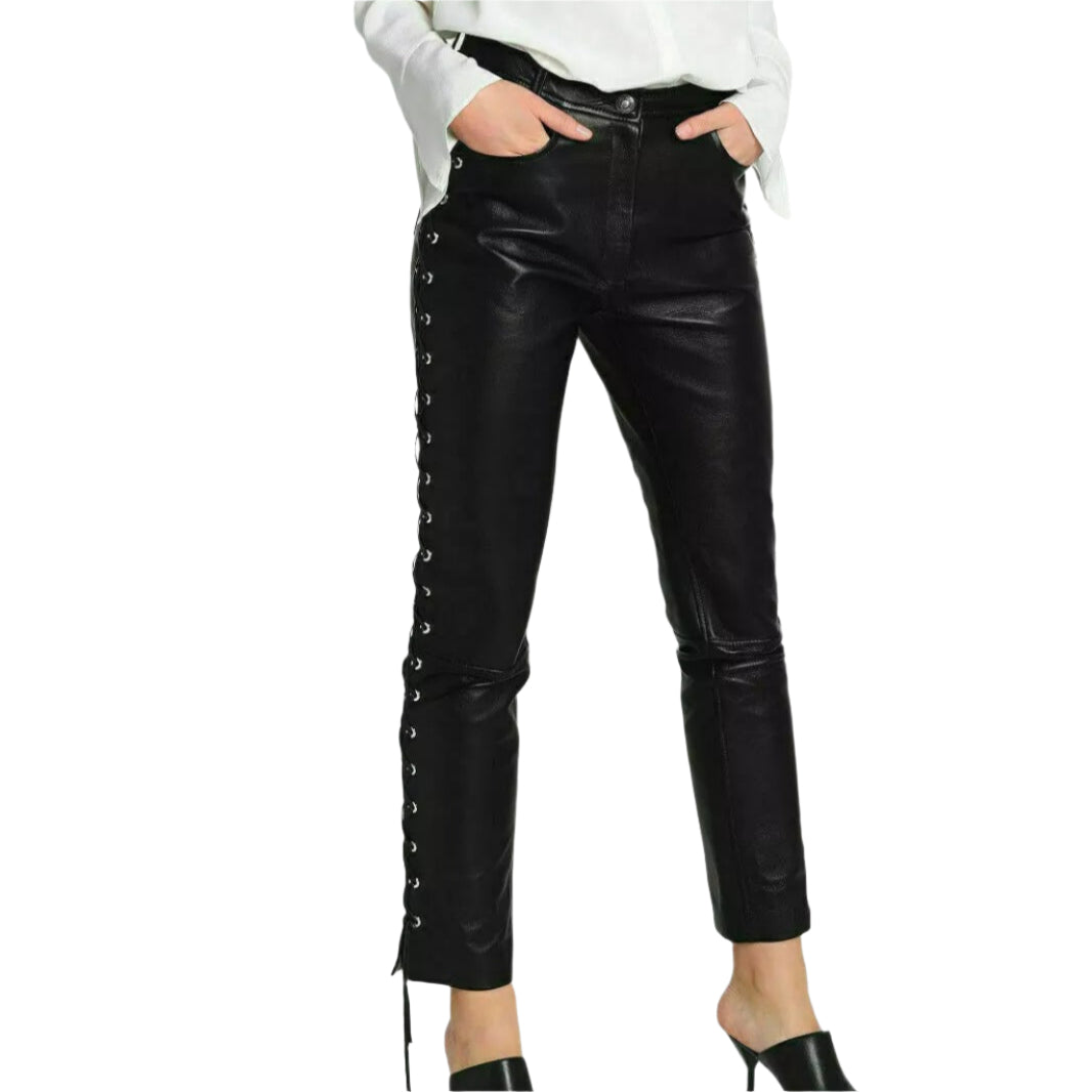 Women's Designer Black Lambskin Leather Pants - AMSEL LEATHERS