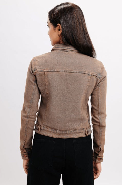 Women’s Distressed Denim Trucker Jacket - Brown Casual Style - AMSEL LEATHERS