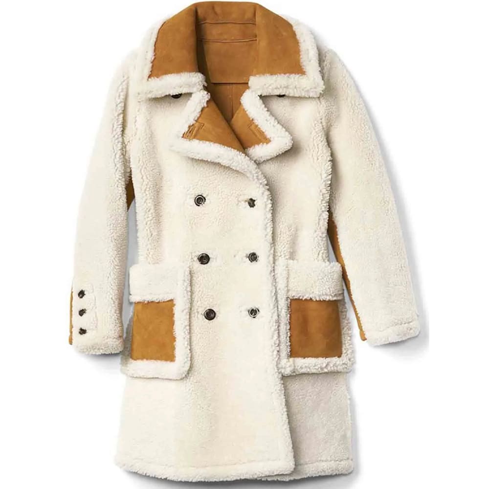 Double Breasted White Shearling Coat for Women - AMSEL LEATHERS