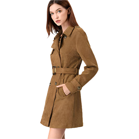 Women's Double Breasted Suede Trench Coat Jacket with Belt - AMSEL LEATHERS