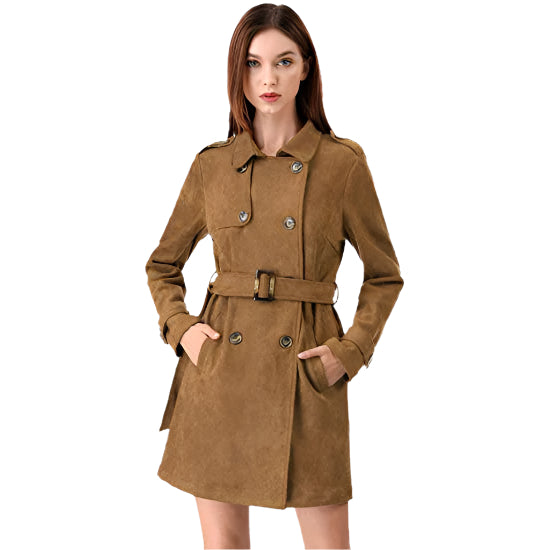 Women's Double Breasted Suede Trench Coat Jacket with Belt - AMSEL LEATHERS