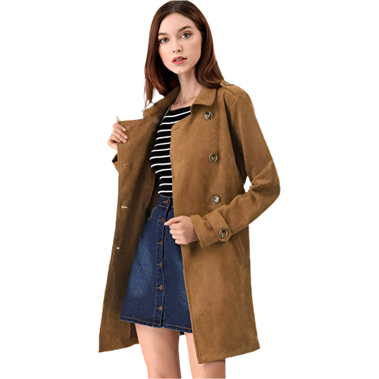 Women's Double Breasted Suede Trench Coat Jacket with Belt - AMSEL LEATHERS