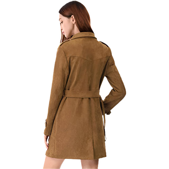 Women's Double Breasted Suede Trench Coat Jacket with Belt - AMSEL LEATHERS