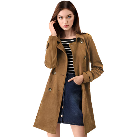 Women's Double Breasted Suede Trench Coat Jacket with Belt - AMSEL LEATHERS