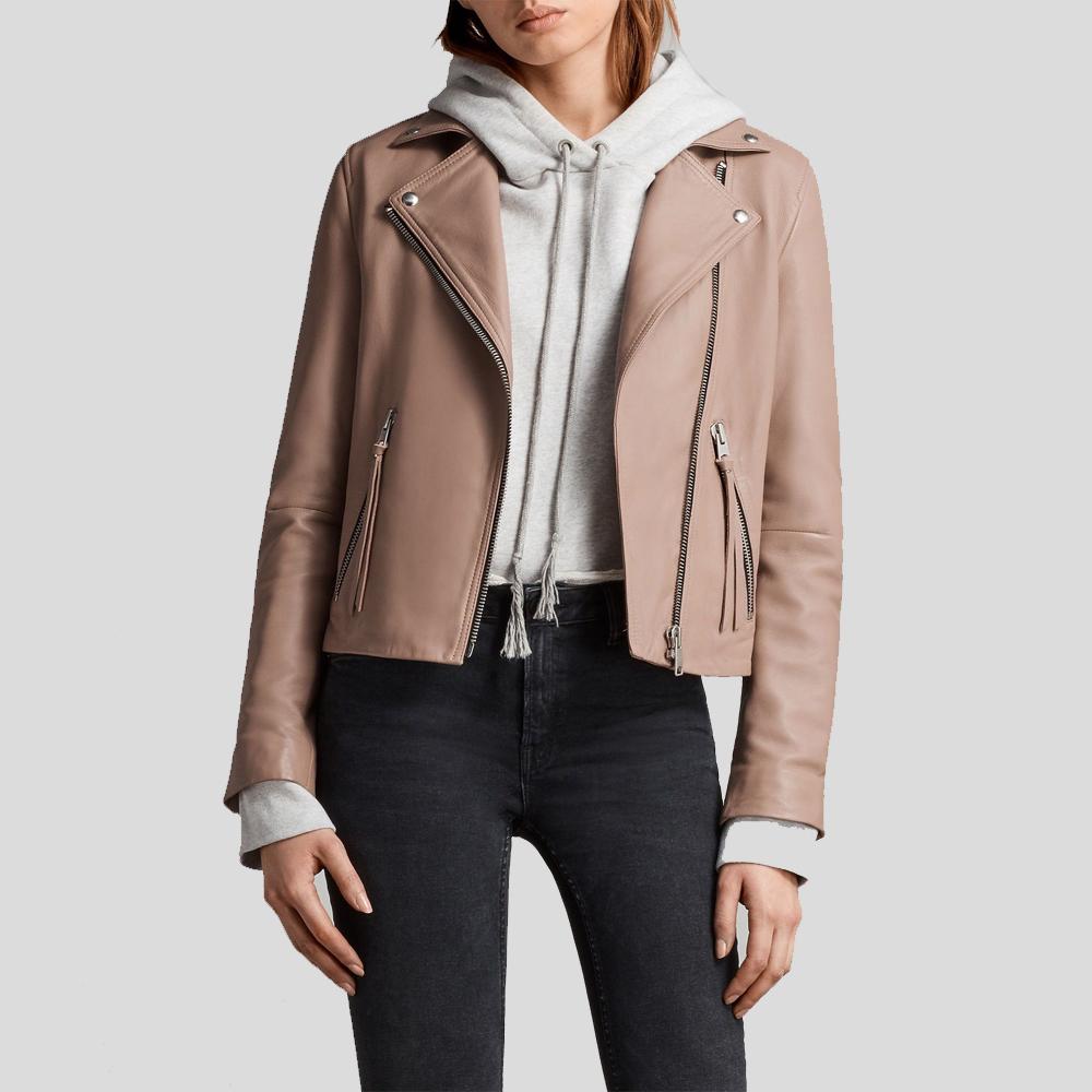 • beige womens motorcycle leather jacket front view
