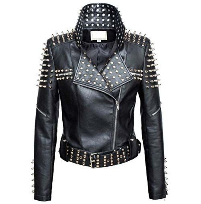 Women Slim Fit Studded Brando Leather Jacket - AMSEL LEATHERS