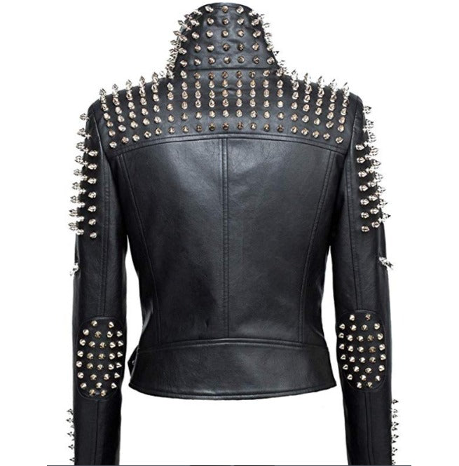 Women Slim Fit Studded Brando Leather Jacket - AMSEL LEATHERS